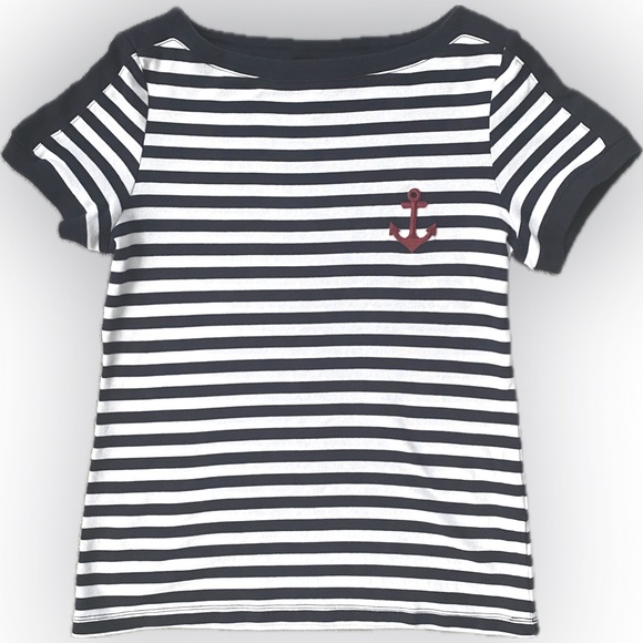 💙 Karen Scott ⚓️ Navy & White Striped Top. Navy Piping w/ Red Anchor ♥️ Size M - Picture 1 of 7